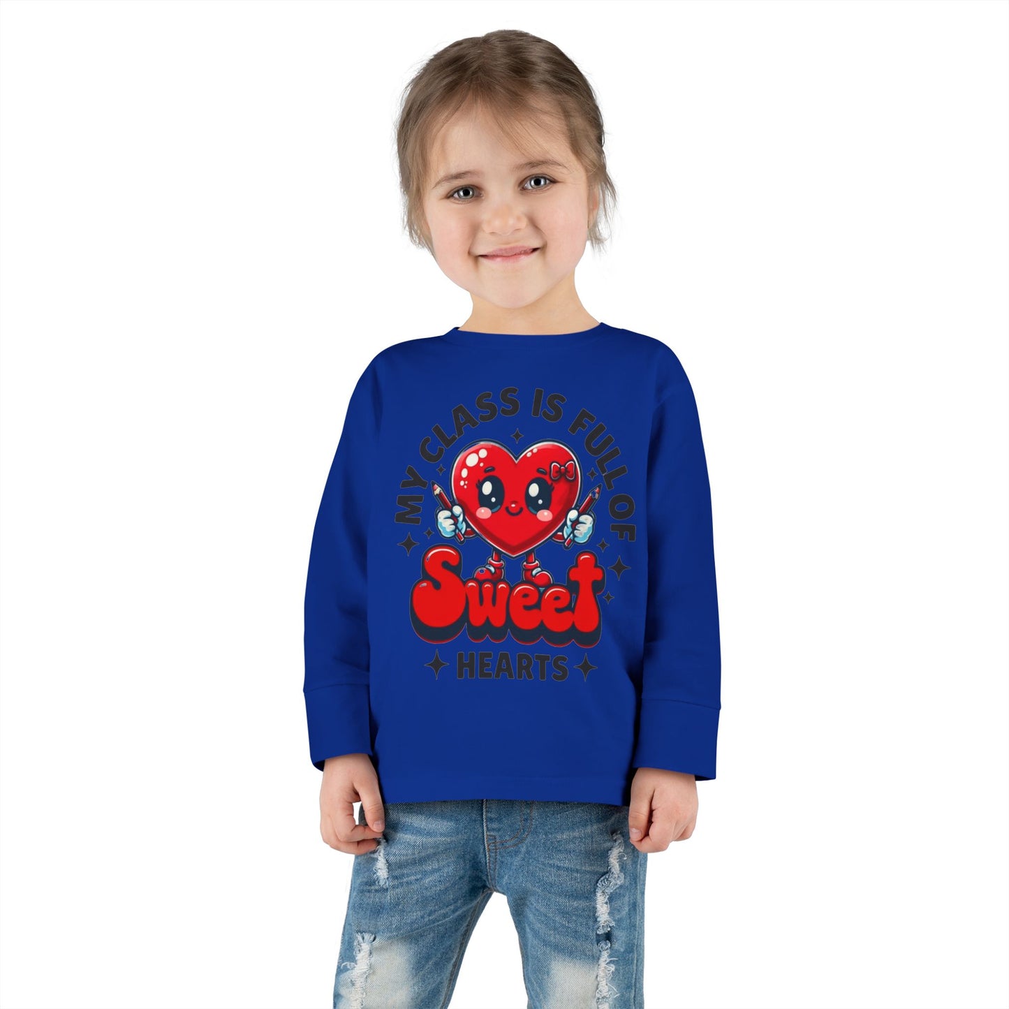 Toddler Long Sleeve Tee - Cartoon Heart Character Holding Pencils