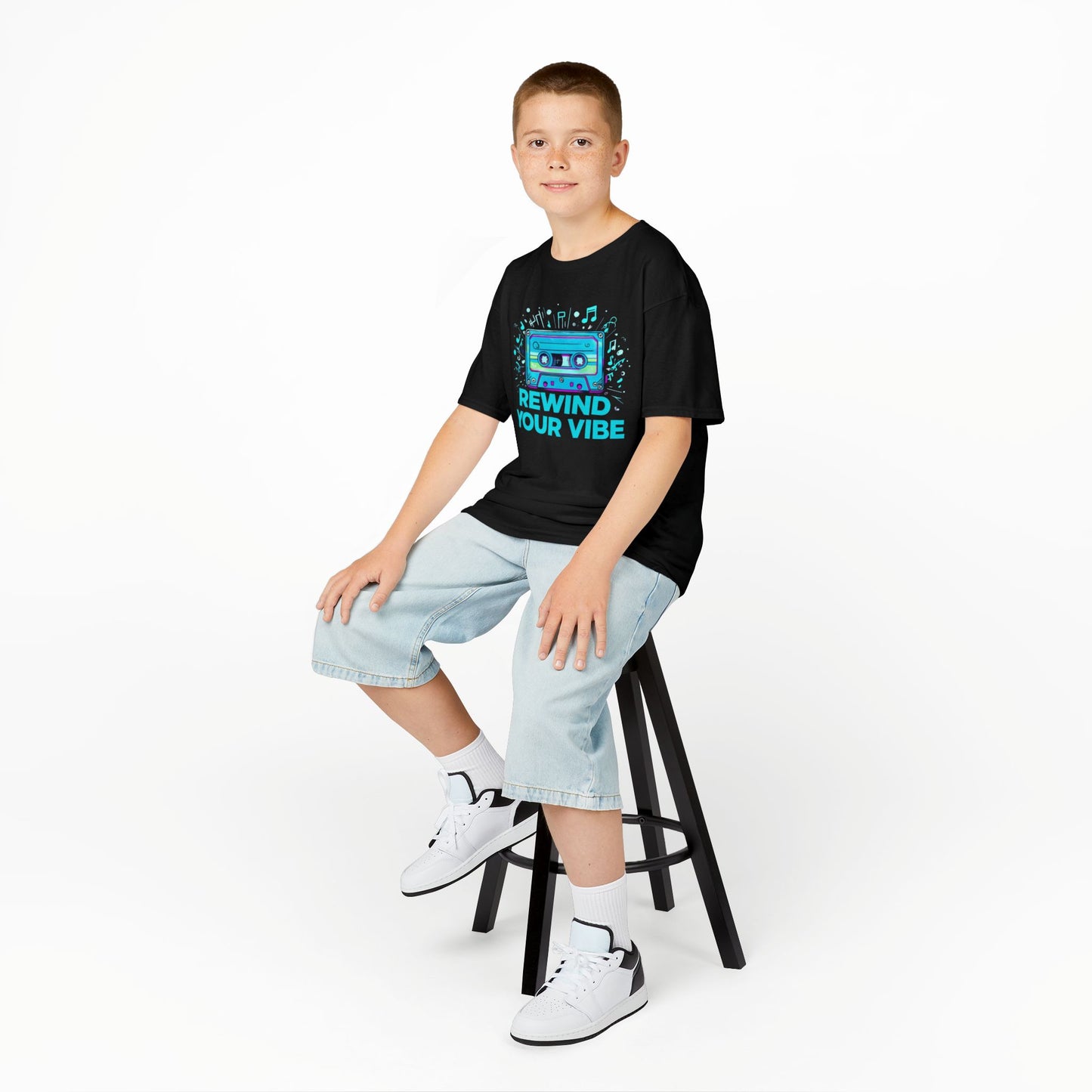 Kids Tee - Retro Cassette Tape Design with 'Rewind Your Vibes' Text