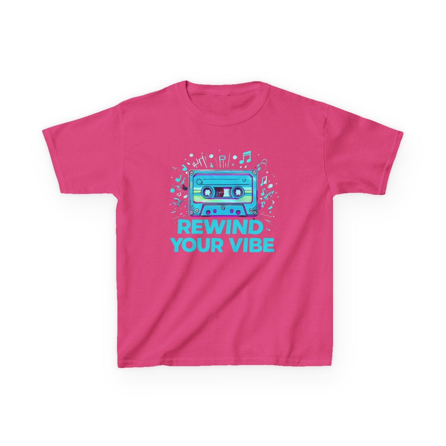 Kids Tee - Retro Cassette Tape Design with 'Rewind Your Vibes' Text
