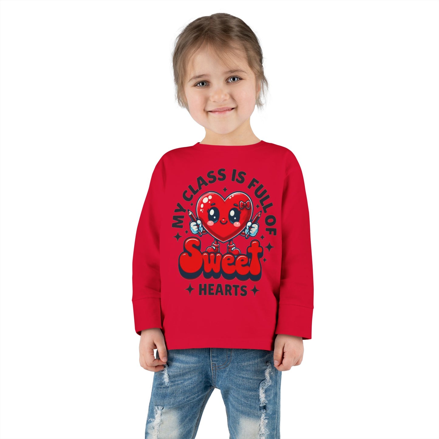 Toddler Long Sleeve Tee - Cartoon Heart Character Holding Pencils