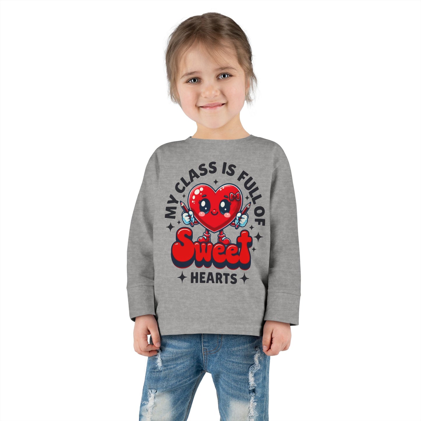 Toddler Long Sleeve Tee - Cartoon Heart Character Holding Pencils