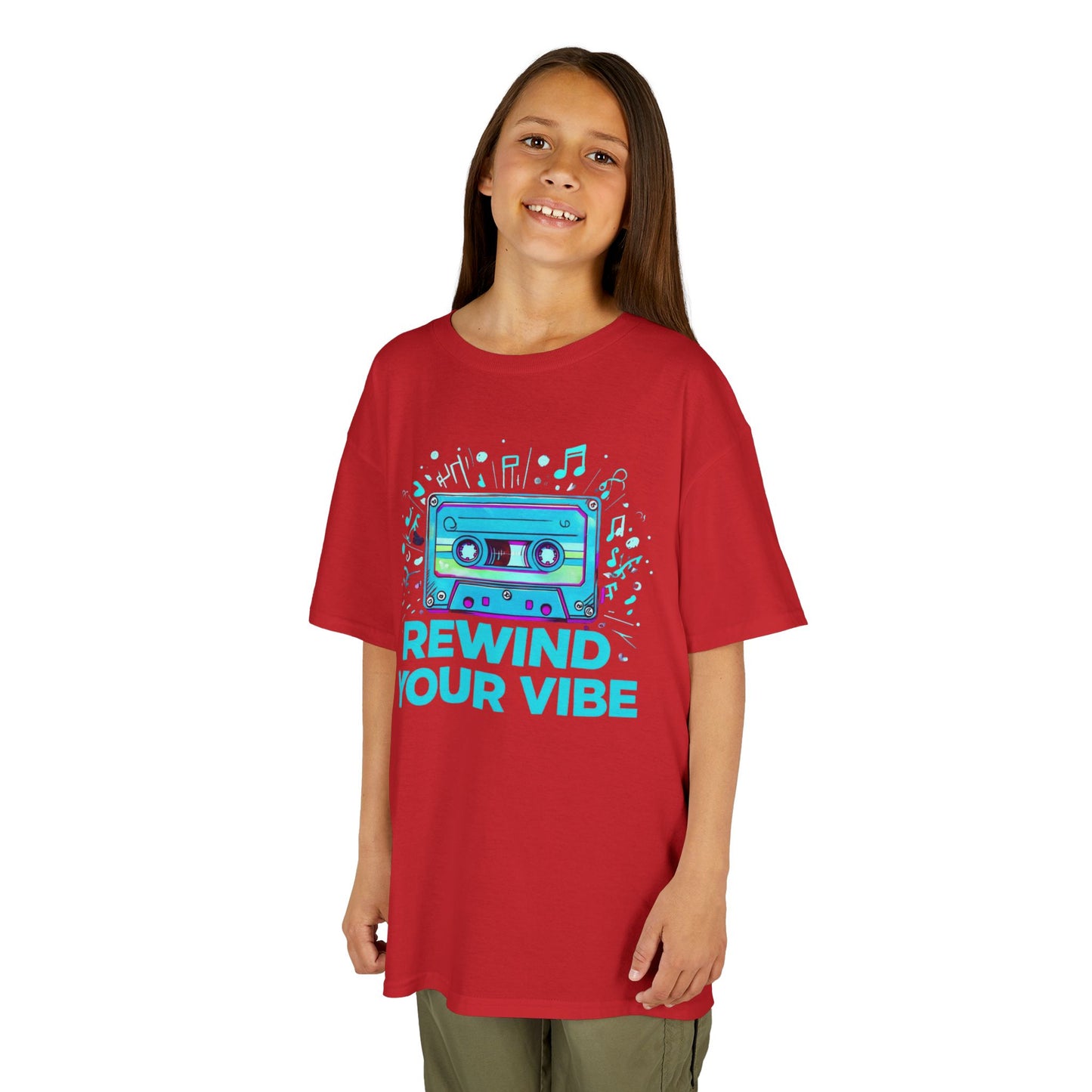Kids Tee - Retro Cassette Tape Design with 'Rewind Your Vibes' Text