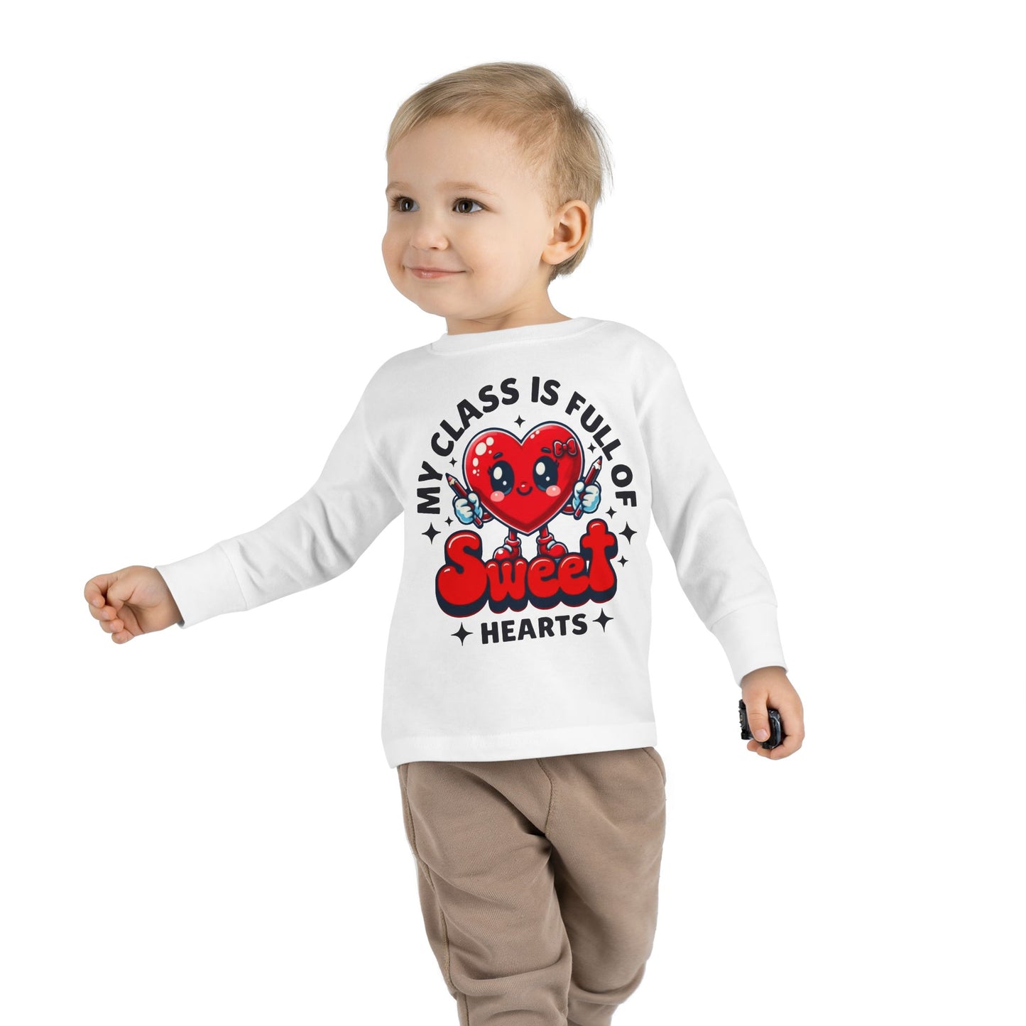 Toddler Long Sleeve Tee - Cartoon Heart Character Holding Pencils