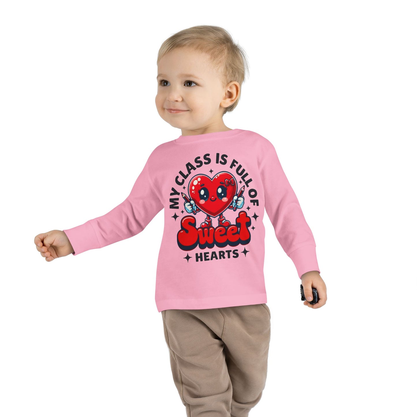Toddler Long Sleeve Tee - Cartoon Heart Character Holding Pencils