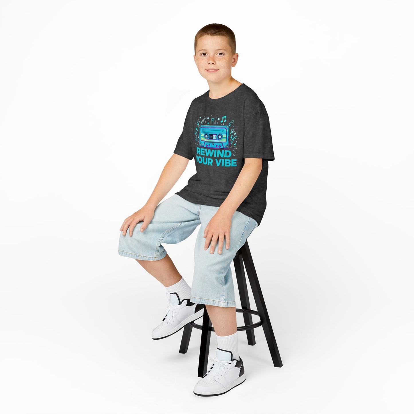 Kids Tee - Retro Cassette Tape Design with 'Rewind Your Vibes' Text