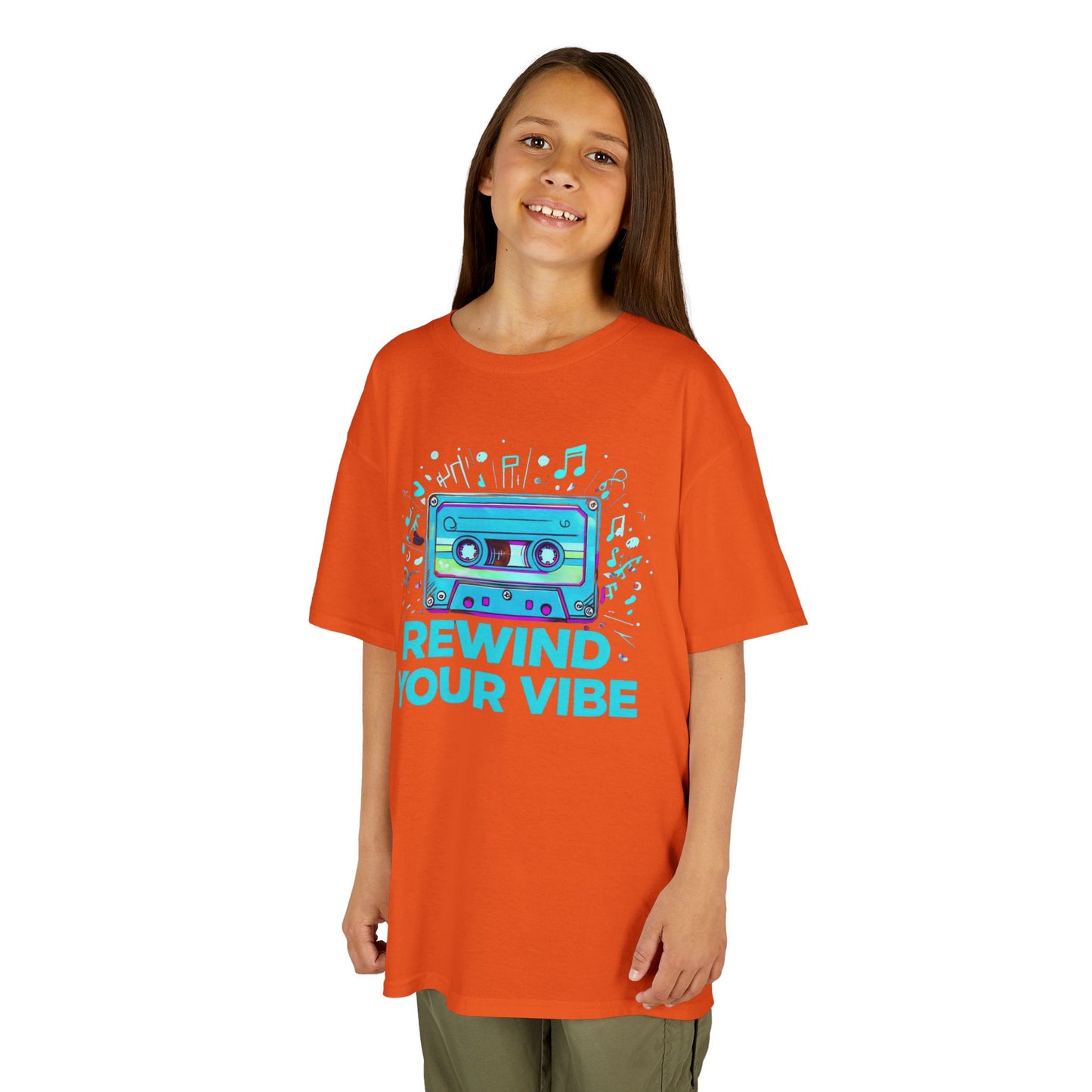 Kids Tee - Retro Cassette Tape Design with 'Rewind Your Vibes' Text