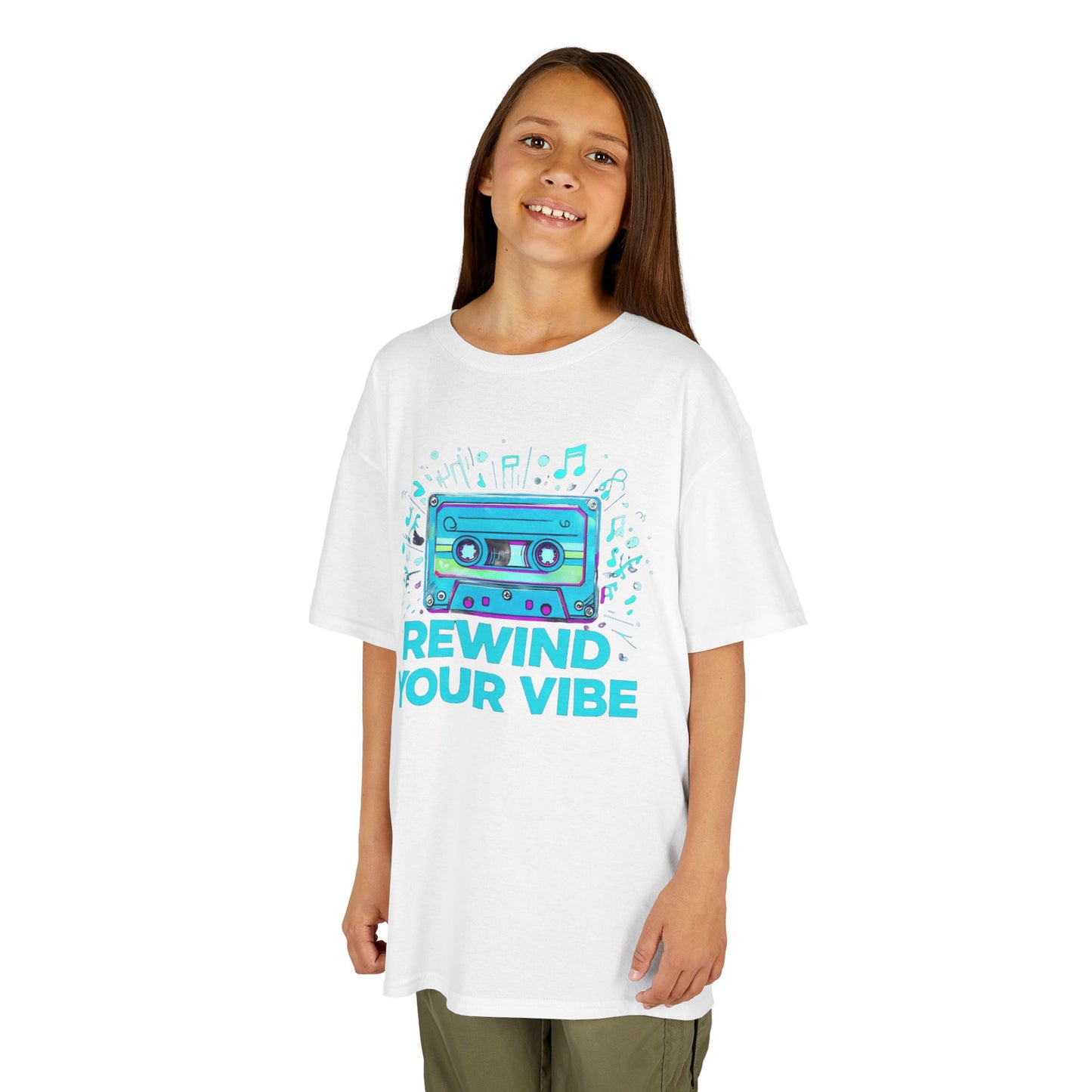 Kids Tee - Retro Cassette Tape Design with 'Rewind Your Vibes' Text