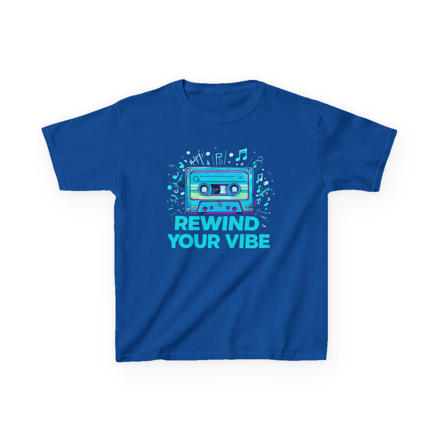Kids Tee - Retro Cassette Tape Design with 'Rewind Your Vibes' Text