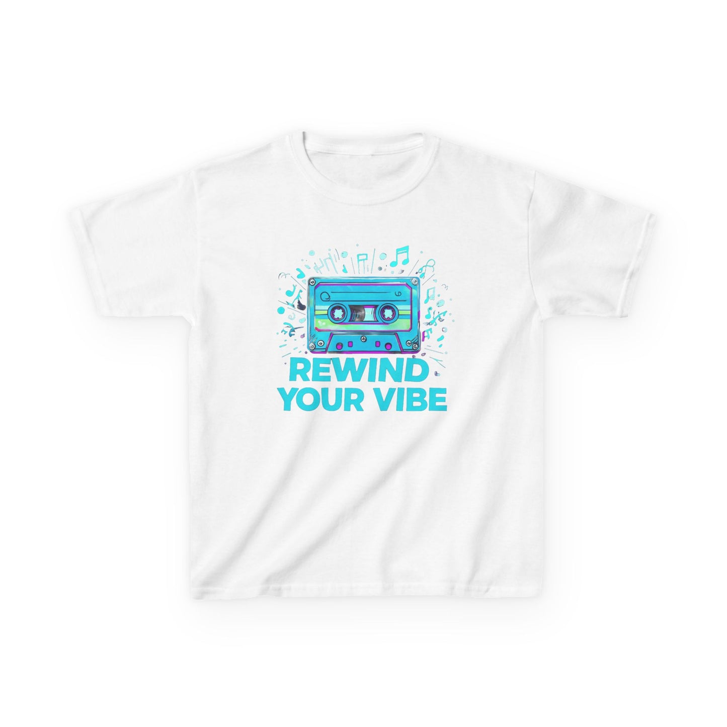 Kids Tee - Retro Cassette Tape Design with 'Rewind Your Vibes' Text