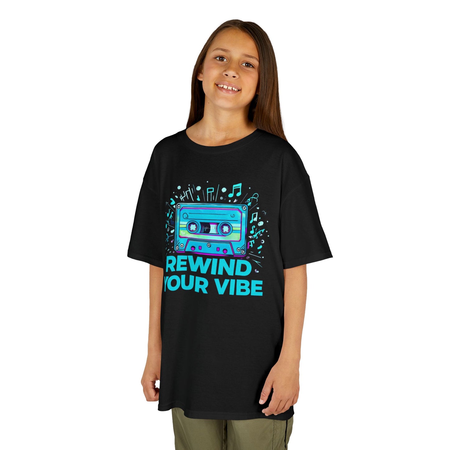 Kids Tee - Retro Cassette Tape Design with 'Rewind Your Vibes' Text