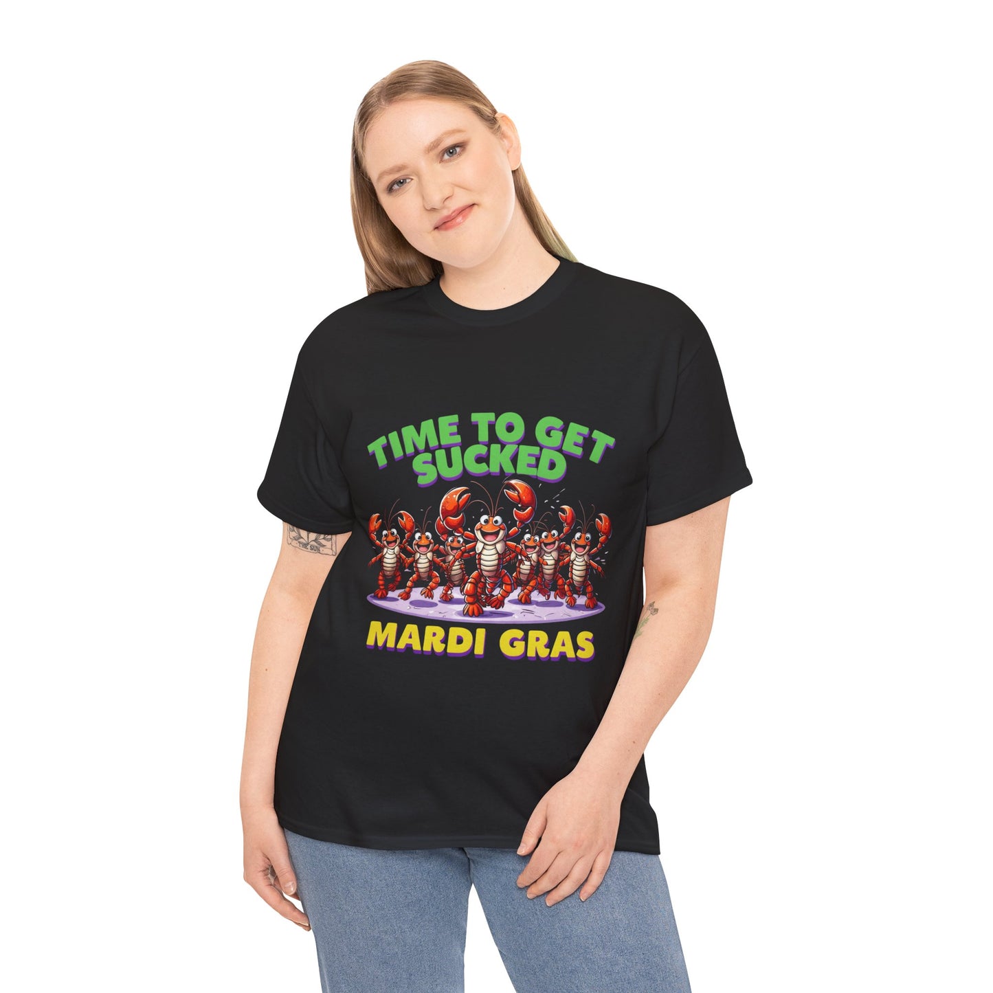 Mardi Gras Humor Tee - "Time to Get Sucked" Unisex Heavy Cotton Shirt