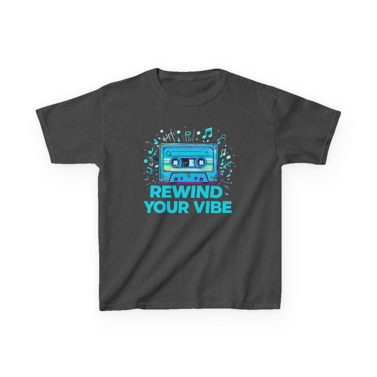 Kids Tee - Retro Cassette Tape Design with 'Rewind Your Vibes' Text
