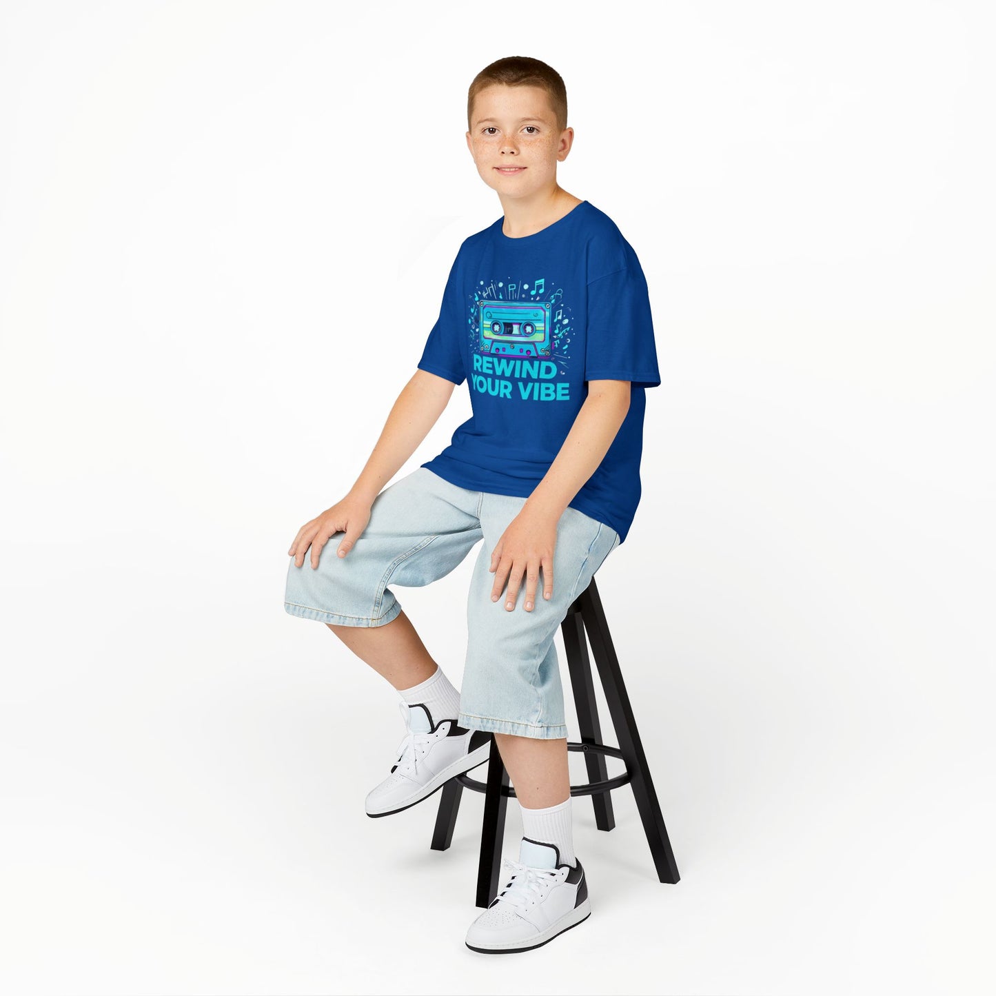 Kids Tee - Retro Cassette Tape Design with 'Rewind Your Vibes' Text