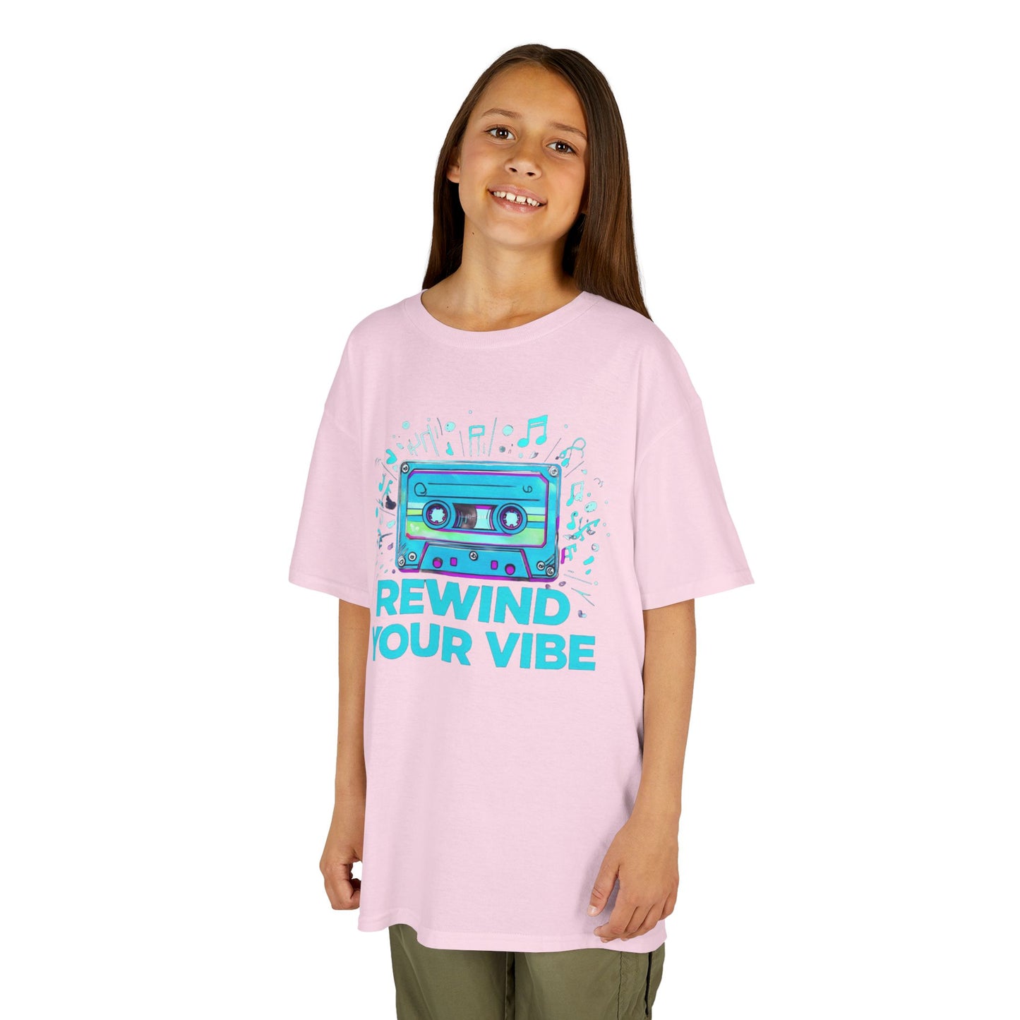 Kids Tee - Retro Cassette Tape Design with 'Rewind Your Vibes' Text