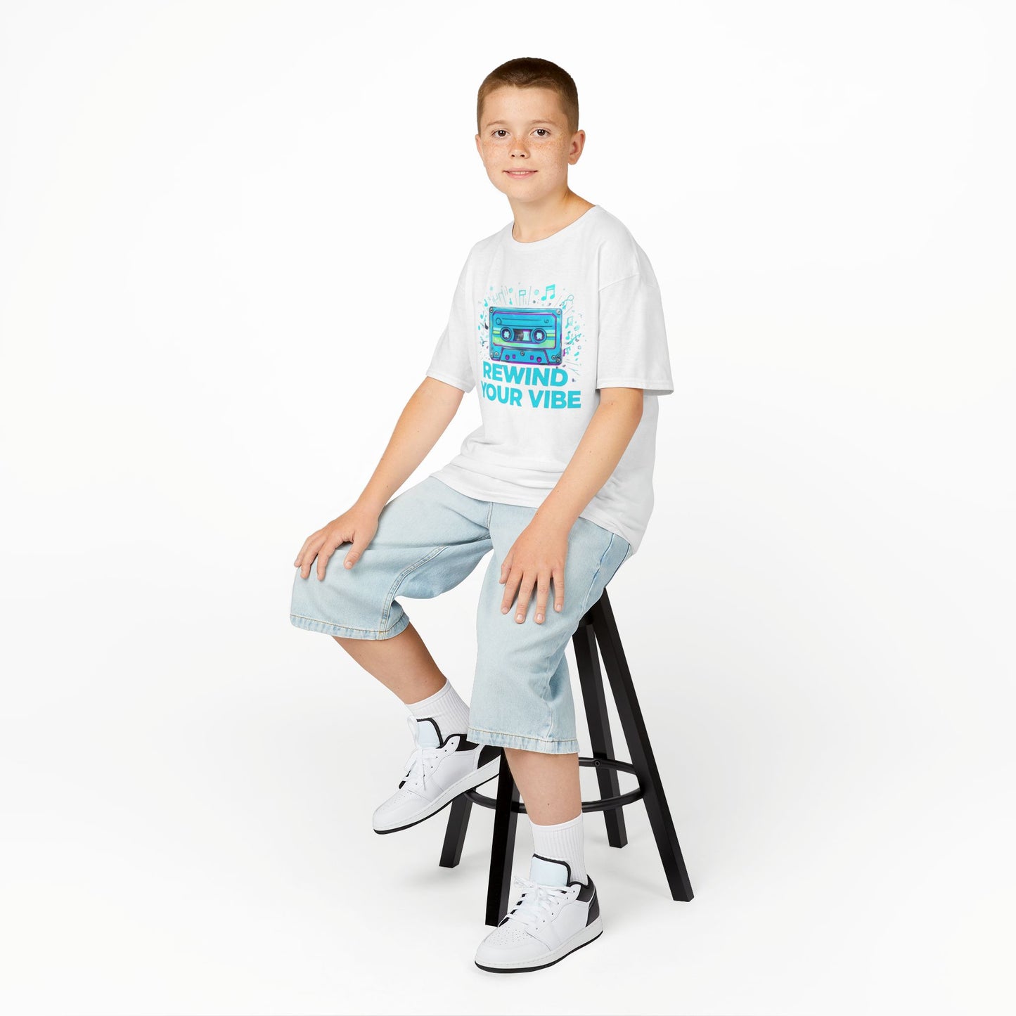 Kids Tee - Retro Cassette Tape Design with 'Rewind Your Vibes' Text