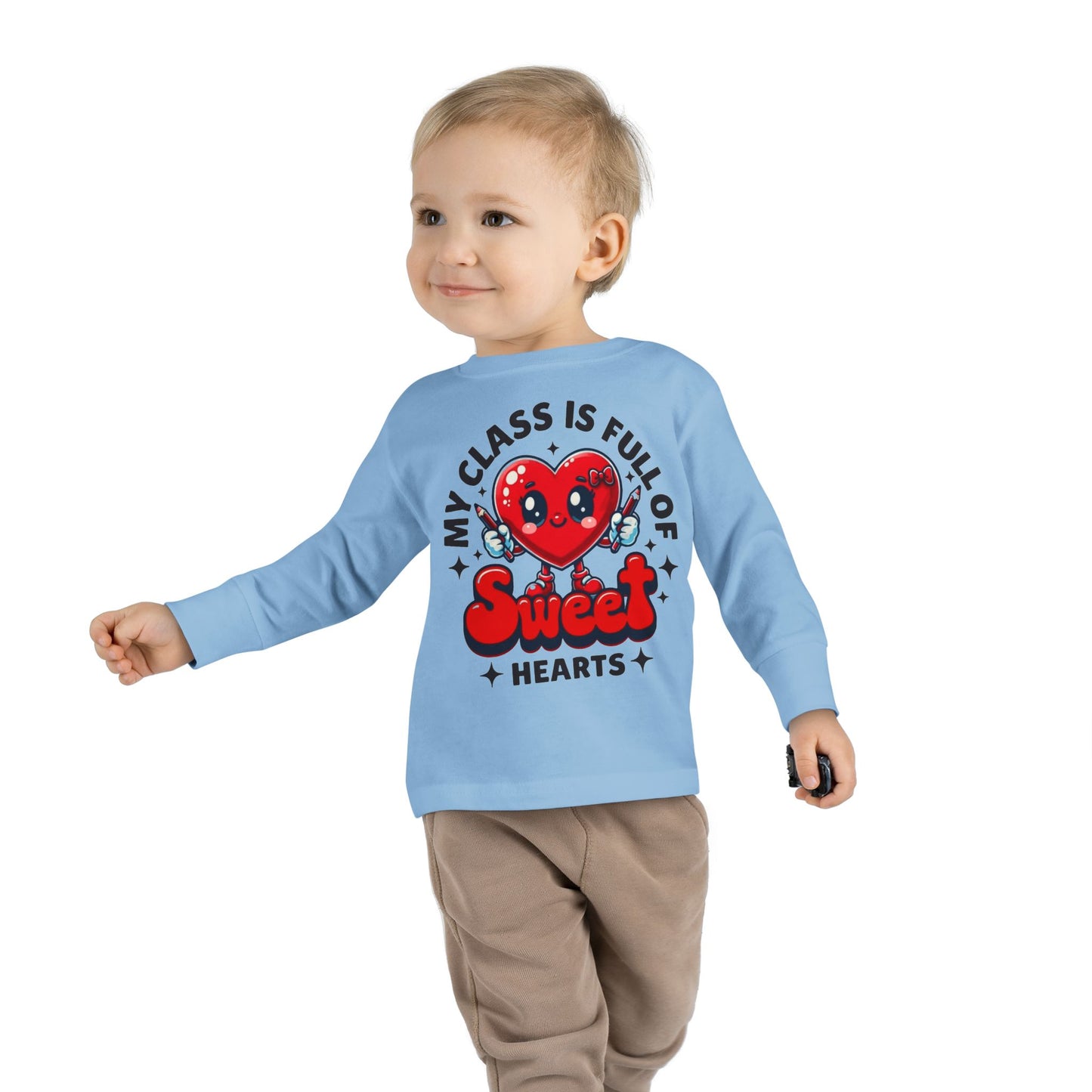 Toddler Long Sleeve Tee - Cartoon Heart Character Holding Pencils