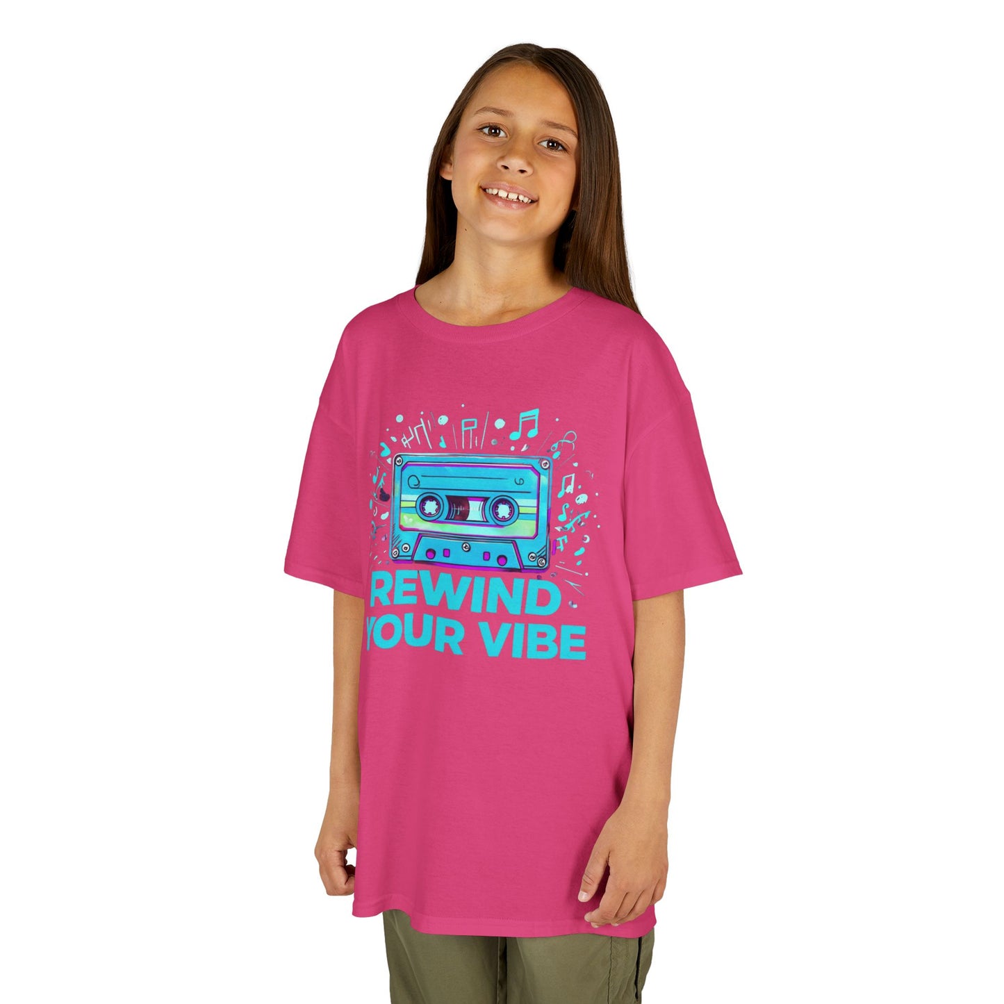 Kids Tee - Retro Cassette Tape Design with 'Rewind Your Vibes' Text