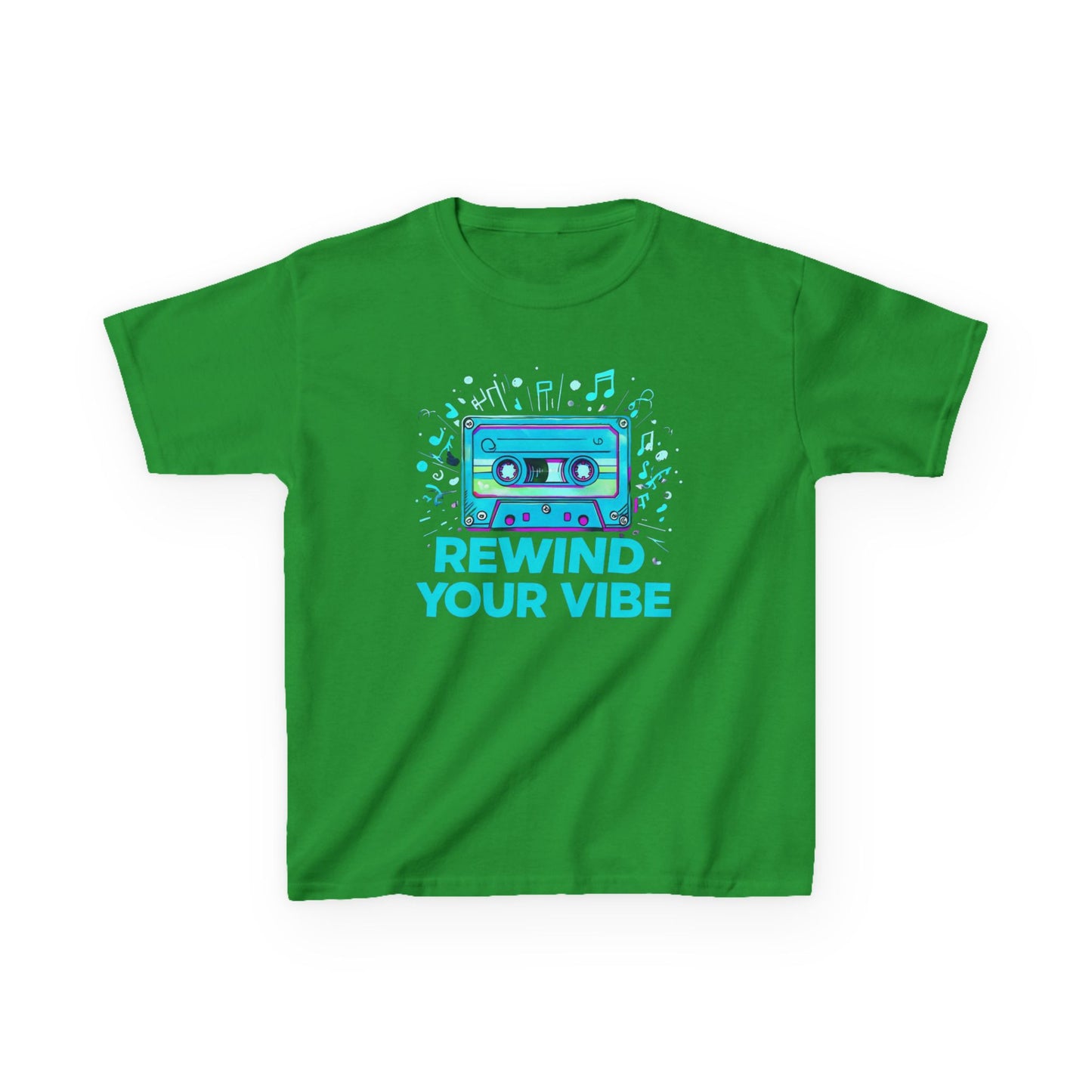 Kids Tee - Retro Cassette Tape Design with 'Rewind Your Vibes' Text